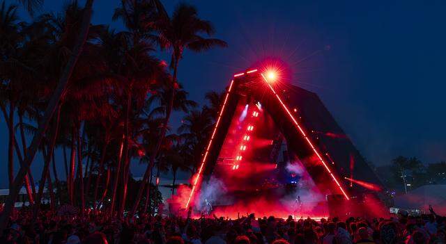 People gather to listen to a performance on one of Ultra Music Festivals stages during the show’s 26th anniversary at Bayfront Park on Saturday, March 28, 2026, in downtown Miami, Fla.