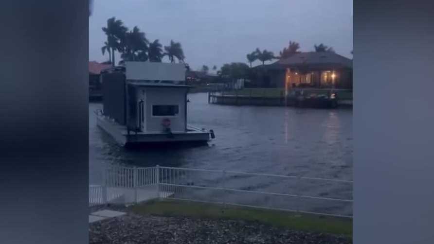 Strong winds rip floating billboard barge from dock in Cape Coral