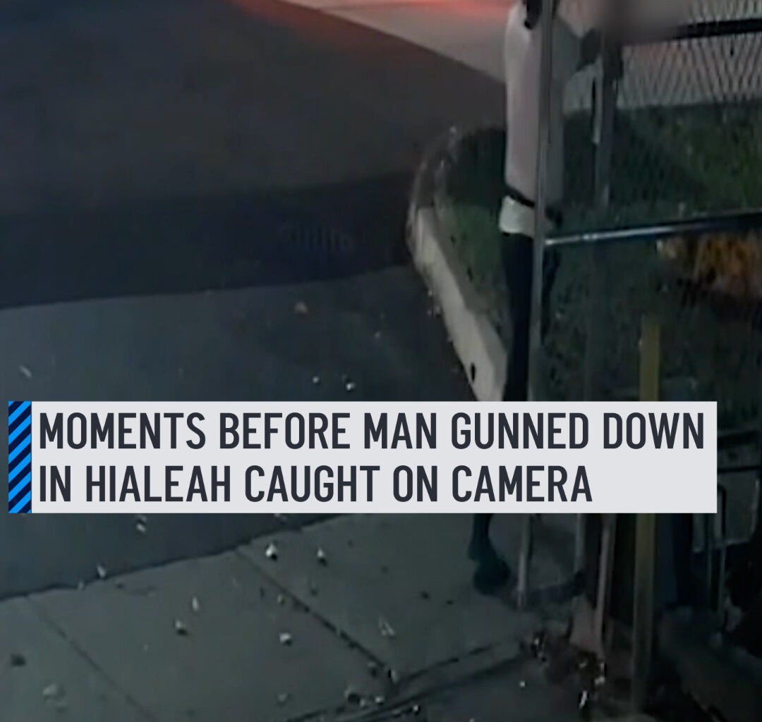 New surveillance video shows the moments before a man was shot and killed outside of his Hialeah home. In video posted by Only in Dade, the victim can be seen walking on the sidewalk as the suspect, identified by authorities as 37-year-old Dairon Rosas Delgado, trails behind him before opening fire. More details here: http://on.nbc6.com/lfGilkG #hialeah #shooting #moment #apartment #caughtoncamera