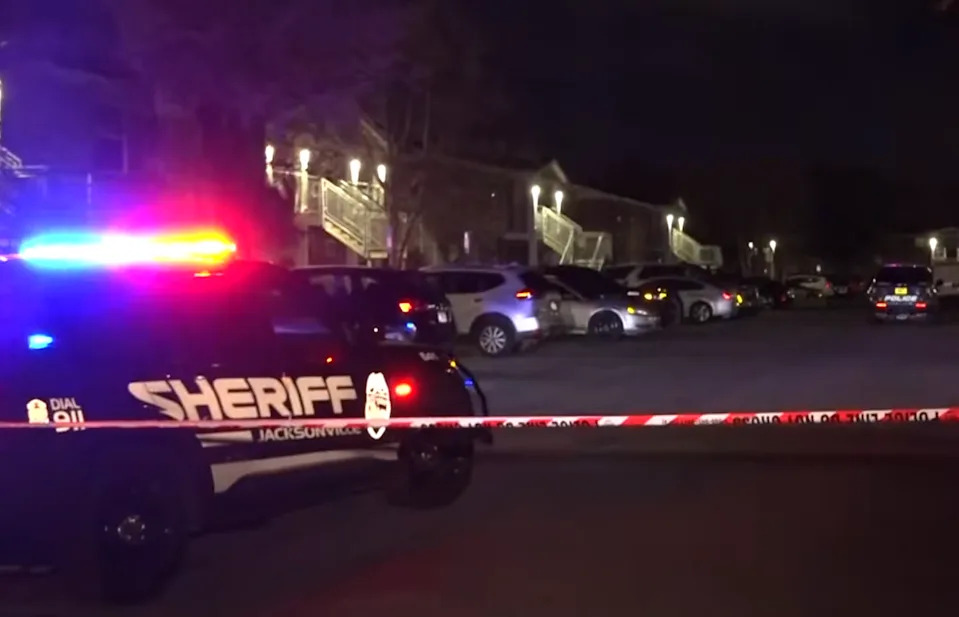 Jacksonville police investigate a domestic-related shooting death of a 2-year-old boy at Valencia Way apartments on Labelle Street late on March 22, 2026.