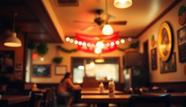 An extremely abstracted, out-of-focus photograph of the interior of a Mexican restaurant, with warm pools of light and blurred details creating a cozy, intimate atmosphere that evokes the welcoming spirit of a family-owned establishment.