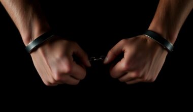 An extreme close-up of a pair of handcuffed wrists against a pitch-black background, lit by a harsh, direct camera flash, creating a stark, investigative aesthetic that conceptually represents the personal journey of accountability and growth described in the story.