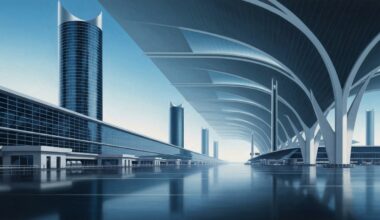A highly stylized, geometric illustration depicting the grand scale and streamlined forms of a modern airport terminal, rendered in a palette of cool blues, grays, and silvers to convey a sense of efficiency and order.