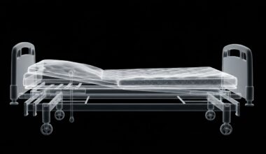A ghostly, translucent X-ray image of a hospital bed frame and mattress, revealing the internal structure in glowing lines against a dark background, conceptually representing the challenges hospitals face when patients refuse to leave.
