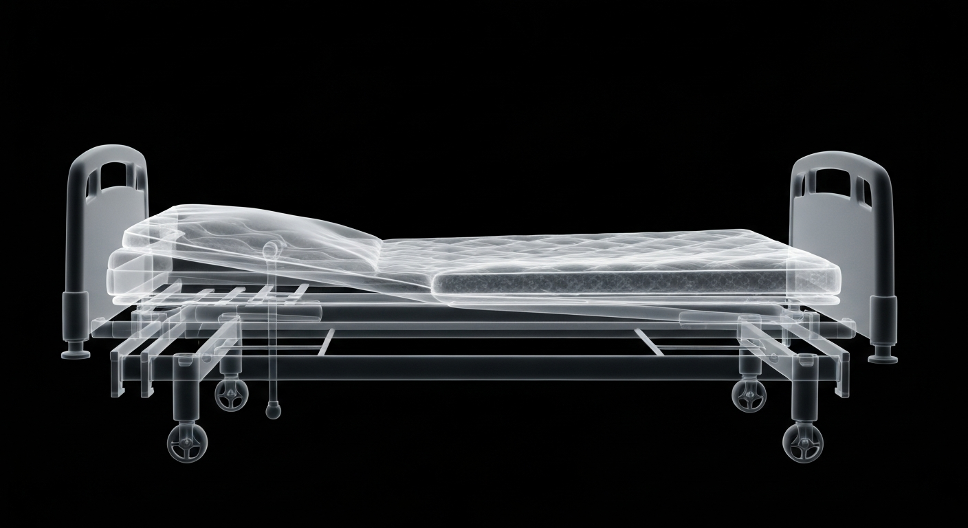 A ghostly, translucent X-ray image of a hospital bed frame and mattress, revealing the internal structure in glowing lines against a dark background, conceptually representing the challenges hospitals face when patients refuse to leave.