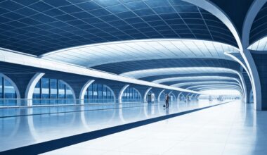 A highly stylized, geometric illustration in shades of blue, silver, and white depicting the sweeping, streamlined forms of a modern airport terminal, capturing the efficient and high-tech atmosphere of air travel.