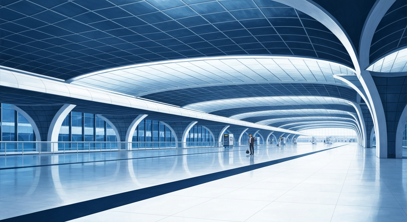 A highly stylized, geometric illustration in shades of blue, silver, and white depicting the sweeping, streamlined forms of a modern airport terminal, capturing the efficient and high-tech atmosphere of air travel.