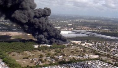 Four-alarm warehouse fire burns near Florida Turnpike in Northwest Miami-Dade