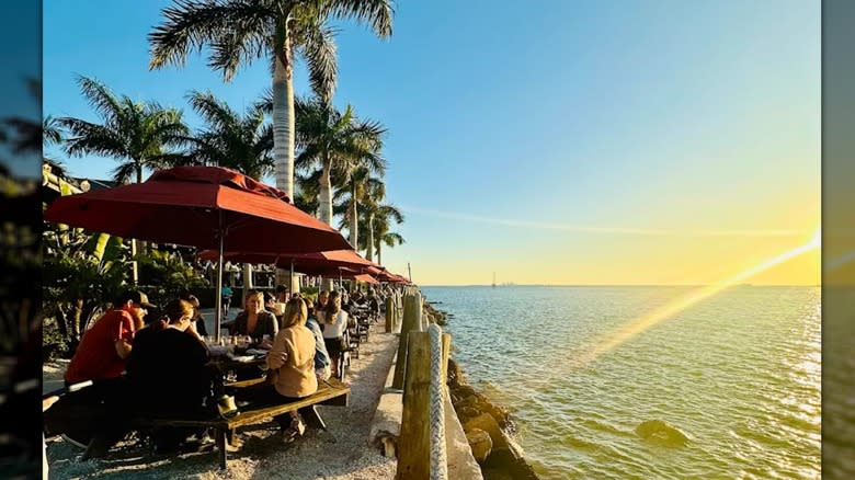 Picnic tables on the sandy beach waterfront of Salt Shack on the Bay in Tampa