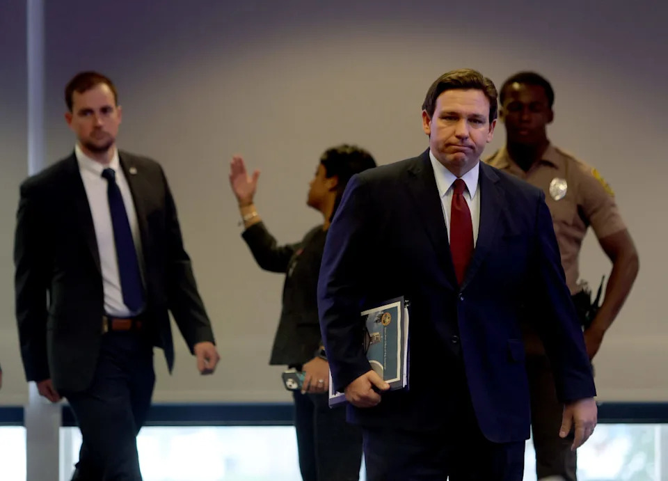 MIAMI, FLORIDA - JANUARY 26: Florida Gov. Ron DeSantis arrives for a press conference at the Miami Dade College’s North Campus on January 26, 2022 in Miami, Florida. The Governor discussed during the press conference the recent decision made by the U.S. Food and Drug Administration to revoke emergency use authorization for Regeneron and Eli Lilly monoclonal antibody treatments. (Photo by Joe Raedle/Getty Images)Joe Raedle&sol;Getty Images&period;