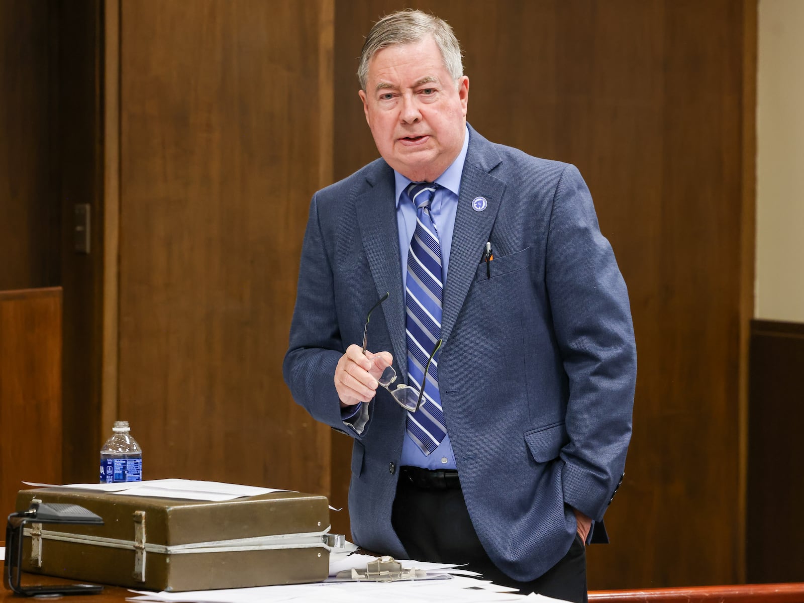 Miami Township fiscal officer Robert Matthews speaks during his opening statement of a trial on Monday, March 9 at Montgomery County Common Pleas Court. BRYANT BILLING / STAFF