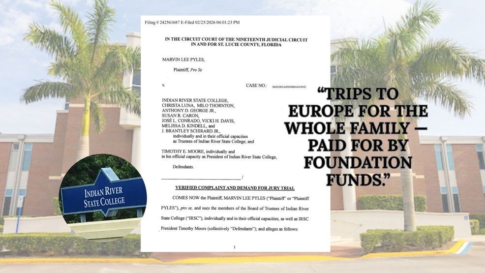 A former Indian River State College CFO is suing the college, its president, and its board of trustees, alleging he was fired in retaliation for blowing the whistle on fraud, financial mismanagement, and the misuse of taxpayer and donor funds. The lawsuit cites screenshots of text messages the former CFO says show the college president acknowledging millions of dollars in mismanagement, failures of oversight, and what he described as a “criminal enterprise” inside the college. (WPEC)