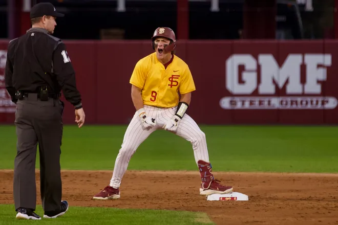 John Stuetzer celebrates his double as FSU baseball wore their throwback “mustard” jerseys as the Seminoles hosted Jacksonville on Tuesday, March. 3, 2026 at Dick Howser Stadium