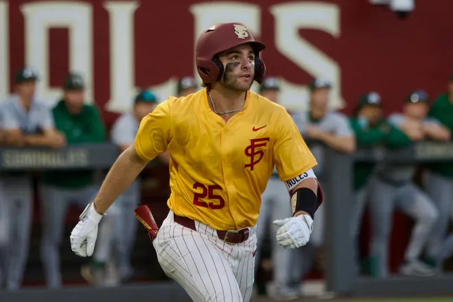 Hunter Carns watches a fly ball as FSU baseball wore their throwback “mustard” jerseys as the Seminoles hosted Jacksonville on Tuesday, March. 3, 2026 at Dick Howser Stadium