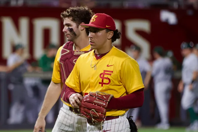 Kevin Mebil pitched 2.2 innings of hitless relief work as FSU baseball wore their throwback “mustard” jerseys as the Seminoles hosted Jacksonville on Tuesday, March. 3, 2026 at Dick Howser Stadium