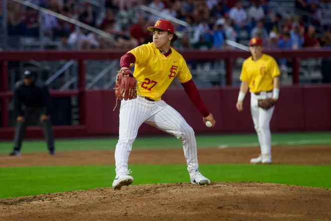 Kevin Mebil pitched 2.2 innings of hitless relief work as FSU baseball wore their throwback “mustard” jerseys as the Seminoles hosted Jacksonville on Tuesday, March. 3, 2026 at Dick Howser Stadium