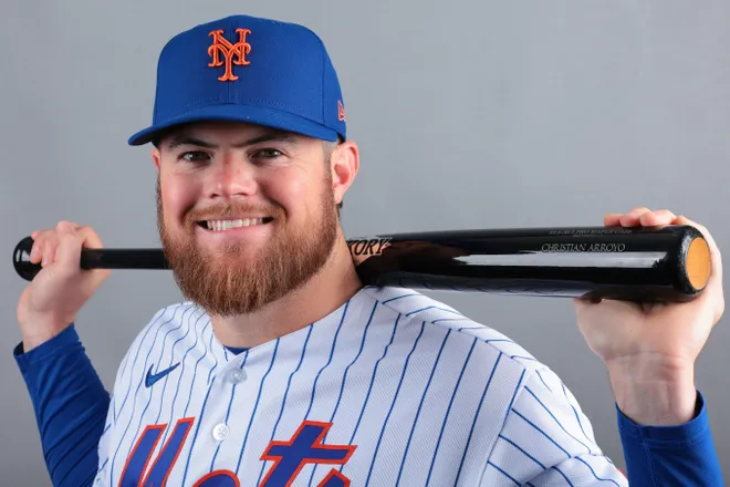 Feb 19, 2026; Port St. Lucie, FL, USA; New York Mets infielder Christian Arroyo (28) poses for a photo during media day at Clover Park. Mandatory Credit: Sam Navarro-Imagn Images
