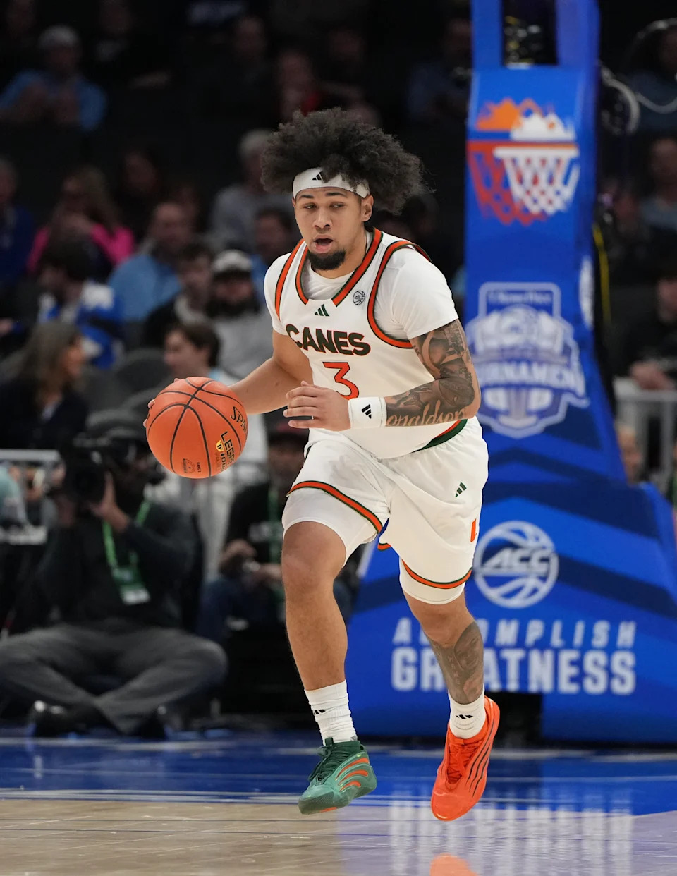 Mar 12, 2026; Charlotte, NC, USA; Miami (FL) Hurricanes guard Tre Donaldson (3) brings the ball up the court in the second half at Spectrum Center. Mandatory Credit: Bob Donnan-Imagn Images