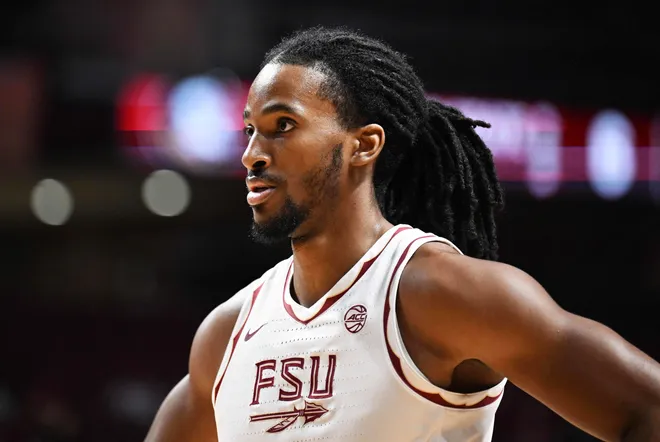 Mar 7, 2026; Tallahassee, Florida, USA; Florida State Seminoles forward Shah Muhammad (4) during the first half against the Southern Methodist Mustangs at Donald L. Tucker Center. Mandatory Credit: Melina Myers-Imagn Images