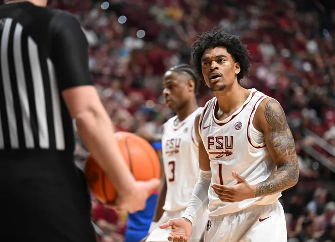 Mar 7, 2026; Tallahassee, Florida, USA; Florida State Seminoles guard Martin Somerville (1) questions a call during the first half against the Southern Methodist Mustangs at Donald L. Tucker Center. Mandatory Credit: Melina Myers-Imagn Images