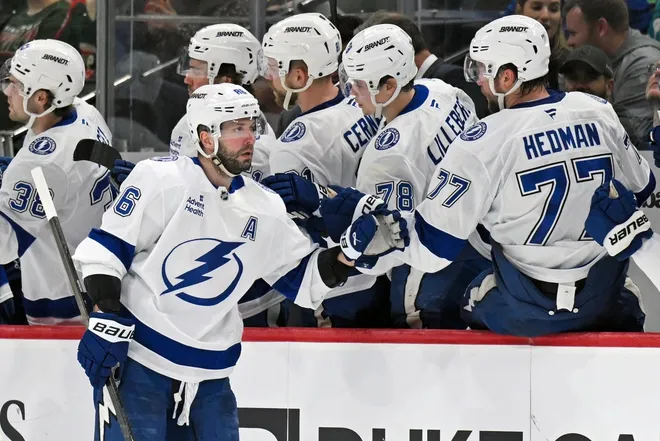 Mar 3, 2026; Saint Paul, Minnesota, USA; Tampa Bay Lightning forward Nikita Kucherov (86) celebrates a goal against the Minnesota Wild during the second period at Grand Casino Arena.