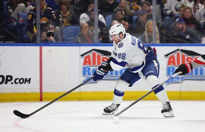 Mar 8, 2026; Buffalo, New York, USA; Tampa Bay Lightning right wing Nikita Kucherov (86) looks to control the puck during the third period against the Buffalo Sabres at KeyBank Center.