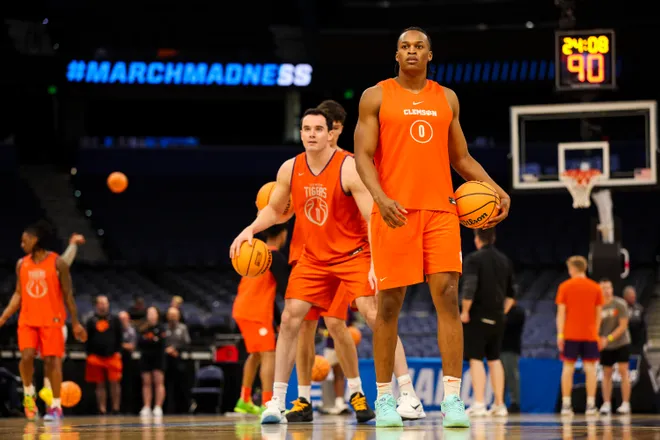 Mar 19, 2026; Tampa, FL, USA; Clemson Tigers forward RJ Godfrey (0) participates in a practice session ahead of the first round of the men's 2026 NCAA Tournament at Benchmark International Arena. Mandatory Credit: Nathan Ray Seebeck-Imagn Images