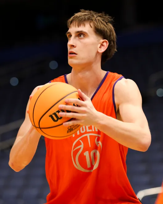 Mar 19, 2026; Tampa, FL, USA; Clemson Tigers forward Jake Wahlin (10) participates in a practice session ahead of the first round of the men's 2026 NCAA Tournament at Benchmark International Arena. Mandatory Credit: Nathan Ray Seebeck-Imagn Images