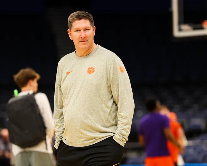 Mar 19, 2026; Tampa, FL, USA; Clemson Tigers head coach Brad Brownell looks on during a practice session ahead of the first round of the men's 2026 NCAA Tournament at Benchmark International Arena. Mandatory Credit: Nathan Ray Seebeck-Imagn Images