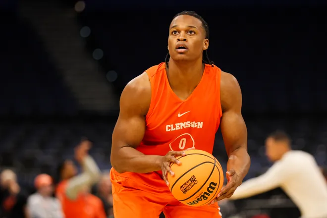 Mar 19, 2026; Tampa, FL, USA; Clemson Tigers forward RJ Godfrey (0) participates in a practice session ahead of the first round of the men's 2026 NCAA Tournament at Benchmark International Arena. Mandatory Credit: Nathan Ray Seebeck-Imagn Images