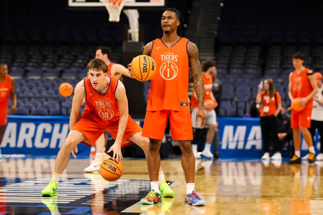 Mar 19, 2026; Tampa, FL, USA; Clemson Tigers forward Jake Wahlin (10) and Clemson Tigers guard Jestin Porter (1) participate in a practice session ahead of the first round of the men's 2026 NCAA Tournament at Benchmark International Arena. Mandatory Credit: Nathan Ray Seebeck-Imagn Images