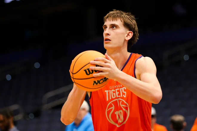 Mar 19, 2026; Tampa, FL, USA; Clemson Tigers forward Jake Wahlin (10) participates in a practice session ahead of the first round of the men's 2026 NCAA Tournament at Benchmark International Arena. Mandatory Credit: Nathan Ray Seebeck-Imagn Images