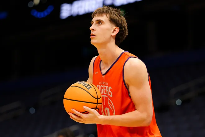 Mar 19, 2026; Tampa, FL, USA; Clemson Tigers forward Jake Wahlin (10) participates in a practice session ahead of the first round of the men's 2026 NCAA Tournament at Benchmark International Arena. Mandatory Credit: Nathan Ray Seebeck-Imagn Images