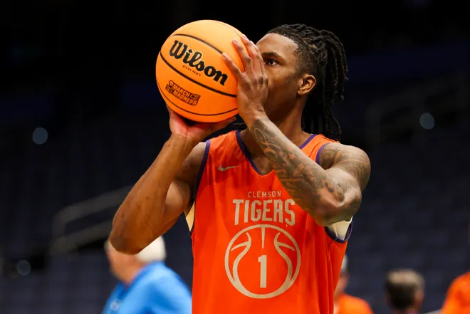 Mar 19, 2026; Tampa, FL, USA; Clemson Tigers guard Jestin Porter (1) participates in a practice session ahead of the first round of the men's 2026 NCAA Tournament at Benchmark International Arena. Mandatory Credit: Nathan Ray Seebeck-Imagn Images