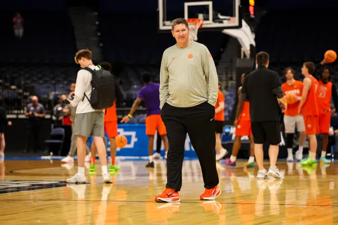 Mar 19, 2026; Tampa, FL, USA; Clemson Tigers head coach Brad Brownell looks on during a practice session ahead of the first round of the men's 2026 NCAA Tournament at Benchmark International Arena. Mandatory Credit: Nathan Ray Seebeck-Imagn Images