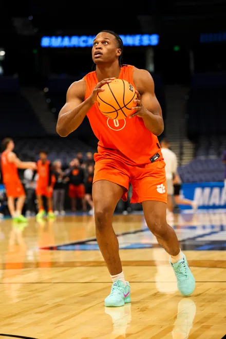 Mar 19, 2026; Tampa, FL, USA; Clemson Tigers forward RJ Godfrey (0) participates in a practice session ahead of the first round of the men's 2026 NCAA Tournament at Benchmark International Arena. Mandatory Credit: Nathan Ray Seebeck-Imagn Images