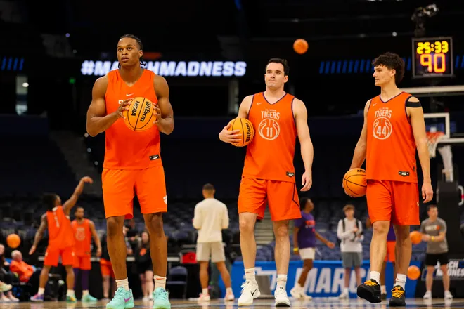 Mar 19, 2026; Tampa, FL, USA; Clemson Tigers forward RJ Godfrey (0) forward Nick Davidson (11) and center Trent Steinour (44) participate in a practice session ahead of the first round of the men's 2026 NCAA Tournament at Benchmark International Arena. Mandatory Credit: Nathan Ray Seebeck-Imagn Images