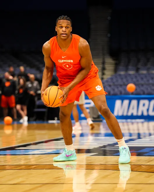 Mar 19, 2026; Tampa, FL, USA; Clemson Tigers forward RJ Godfrey (0) participates in a practice session ahead of the first round of the men's 2026 NCAA Tournament at Benchmark International Arena. Mandatory Credit: Nathan Ray Seebeck-Imagn Images