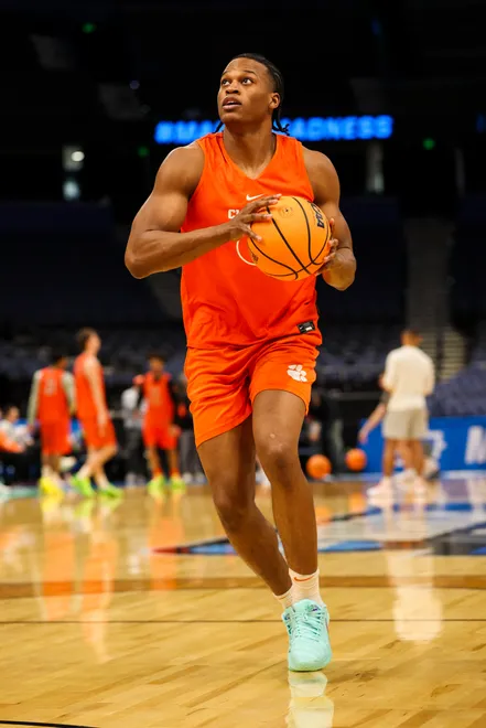 Mar 19, 2026; Tampa, FL, USA; Clemson Tigers forward RJ Godfrey (0) participates in a practice session ahead of the first round of the men's 2026 NCAA Tournament at Benchmark International Arena. Mandatory Credit: Nathan Ray Seebeck-Imagn Images