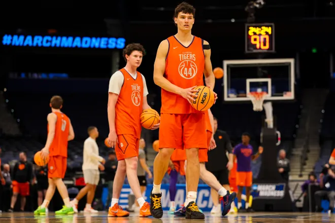 Mar 19, 2026; Tampa, FL, USA; Clemson Tigers center Trent Steinour (44) participates in a practice session ahead of the first round of the men's 2026 NCAA Tournament at Benchmark International Arena. Mandatory Credit: Nathan Ray Seebeck-Imagn Images