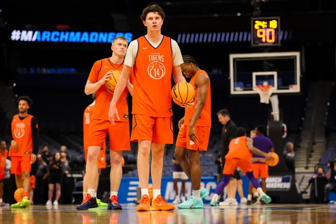 Mar 19, 2026; Tampa, FL, USA; Clemson Tigers forward Blake Davidson (14) participates in a practice session ahead of the first round of the men's 2026 NCAA Tournament at Benchmark International Arena. Mandatory Credit: Nathan Ray Seebeck-Imagn Images