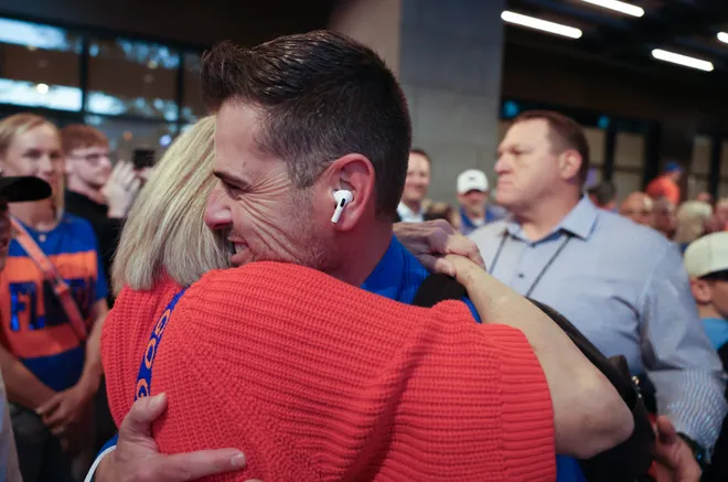 Florida head coach Todd Golden greets family before the NCAA March Madness opening round at JW Marriott in Tampa, FL on Friday, March 20, 2026. Several hundred people cheered Florida as they left to board the bus for to go to the arena. [Alan Youngblood/Gainesville Sun]