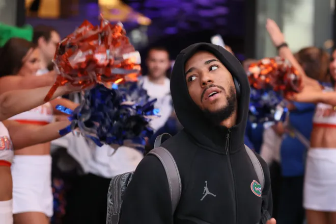 Florida guard Boogie Fland (0) heads to the bus before the NCAA March Madness opening round at JW Marriott in Tampa, FL on Friday, March 20, 2026. Several hundred people cheered Florida as they left to go to the arena. [Alan Youngblood/Gainesville Sun]