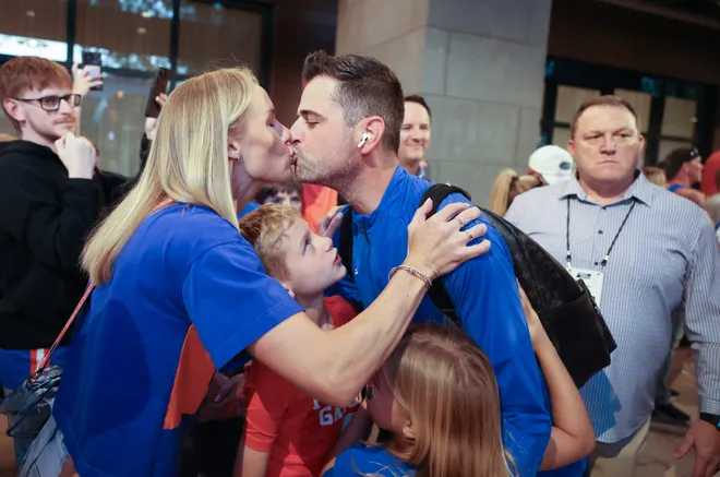 Florida head coach Todd Golden greets family before the NCAA March Madness opening round at JW Marriott in Tampa, FL on Friday, March 20, 2026. Several hundred people cheered Florida as they left to board the bus for to go to the arena. [Alan Youngblood/Gainesville Sun]