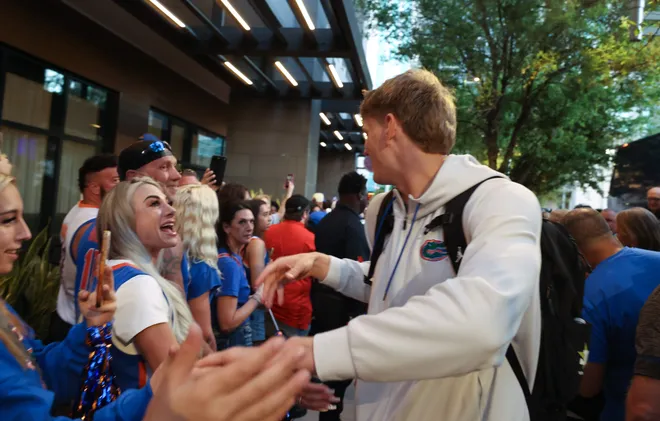 Florida players head to the bus before the NCAA March Madness opening round at JW Marriott in Tampa, FL on Friday, March 20, 2026. Several hundred people cheered Florida as they left to go to the arena. [Alan Youngblood/Gainesville Sun]