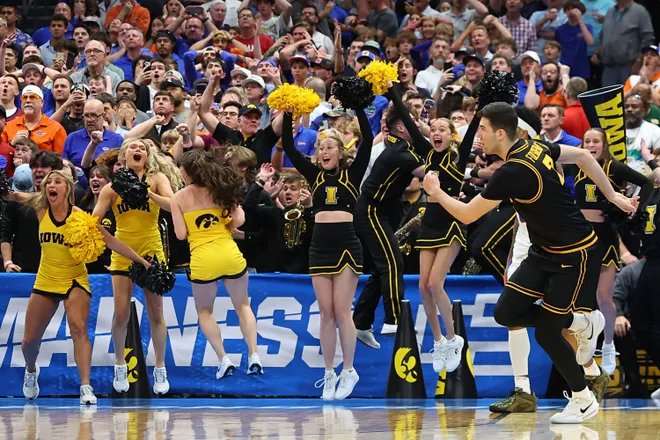 TAMPA, FLORIDA - MARCH 22: Alvaro Folgueiras #7 of the Iowa Hawkeyes reacts after his made three point basket against the Florida Gators with under five seconds left during the second half in the second round of the 2026 NCAA Men's Basketball Tournament at Benchmark International Arena on March 22, 2026 in Tampa, Florida. (Photo by Mike Carlson/Getty Images)