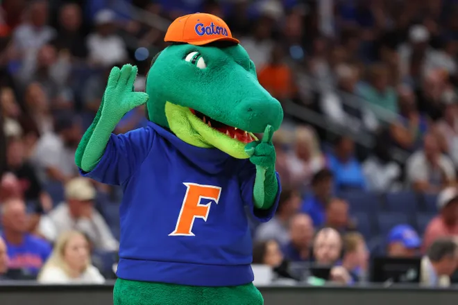 TAMPA, FLORIDA - MARCH 22: Mascot of the Florida Gators, Albert, performs during the first half against the Iowa Hawkeyes in the second round of the 2026 NCAA Men's Basketball Tournament at Benchmark International Arena on March 22, 2026 in Tampa, Florida. (Photo by Mike Carlson/Getty Images)