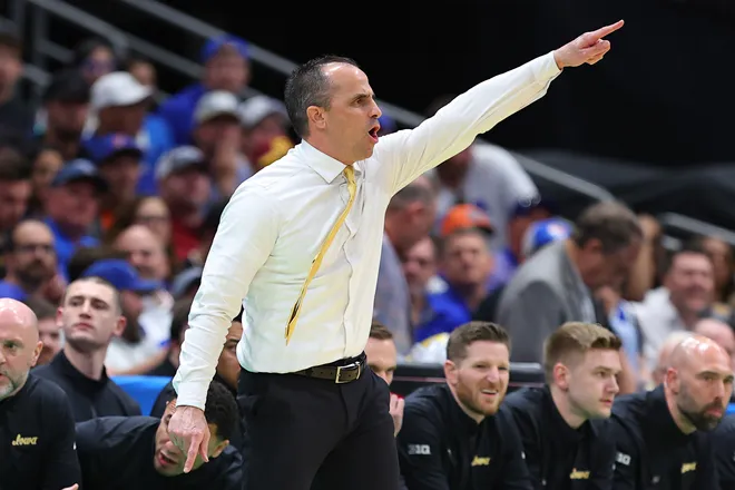 TAMPA, FLORIDA - MARCH 22: Head coach Ben McCollum of the Iowa Hawkeyes gestures during the first half against the Florida Gators in the second round of the 2026 NCAA Men's Basketball Tournament at Benchmark International Arena on March 22, 2026 in Tampa, Florida. (Photo by Mike Carlson/Getty Images)