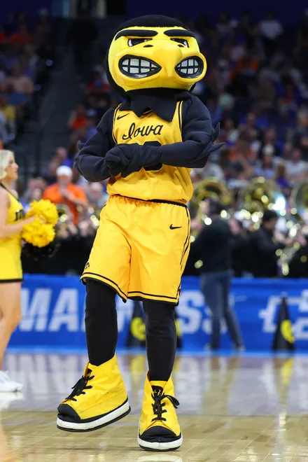 TAMPA, FLORIDA - MARCH 22: Mascot of the Iowa Hawkeyes, Herky the Hawk, performs during the first half against the Florida Gators in the second round of the 2026 NCAA Men's Basketball Tournament at Benchmark International Arena on March 22, 2026 in Tampa, Florida. (Photo by Mike Carlson/Getty Images)