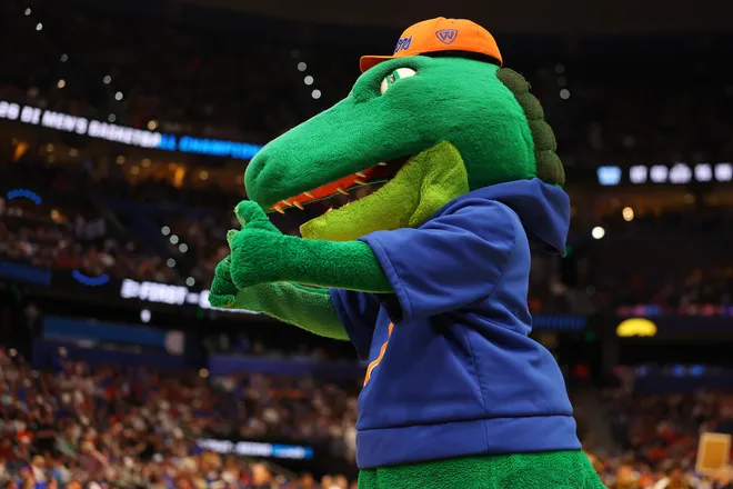 TAMPA, FLORIDA - MARCH 22: Mascot of the Florida Gators, Albert, performs during the first half against the Iowa Hawkeyes in the second round of the 2026 NCAA Men's Basketball Tournament at Benchmark International Arena on March 22, 2026 in Tampa, Florida. (Photo by Mike Carlson/Getty Images)